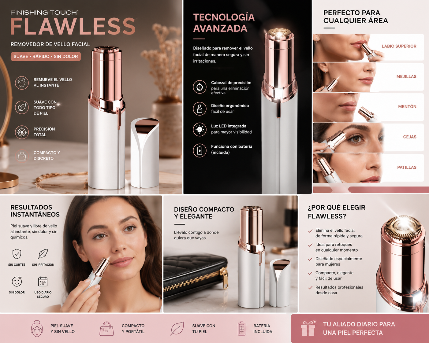 Removedor de Vello Facial Flawless – Depilación Suave y Precisa
