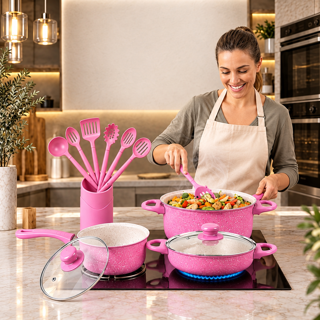 Persona cocinando con ollas y utensilios rosados en una cocina cálida