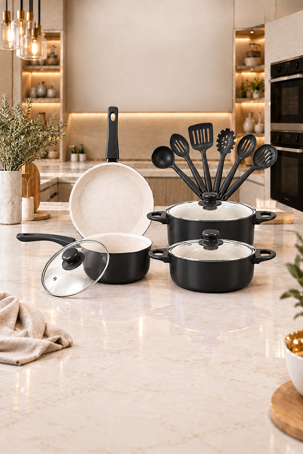 Set de cocina negro en una encimera