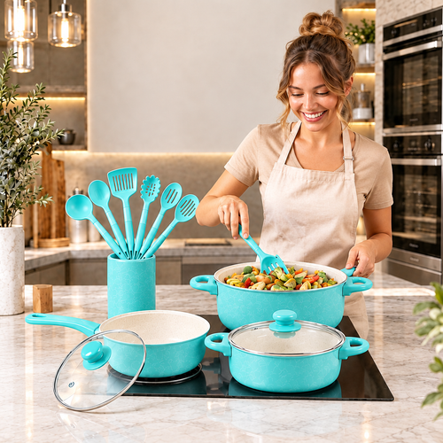 Persona cocinando con ollas y utensilios verde menta en una cocina cálida