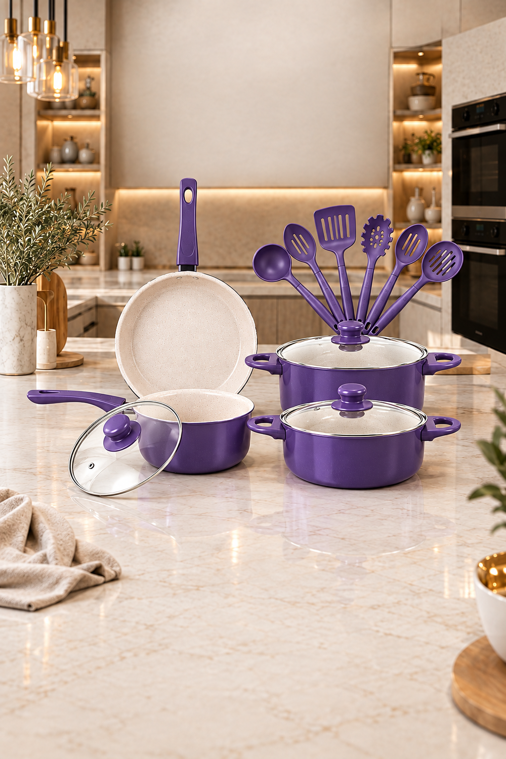 Set de cocina de 13 piezas en color morado sobre encimera de cocina