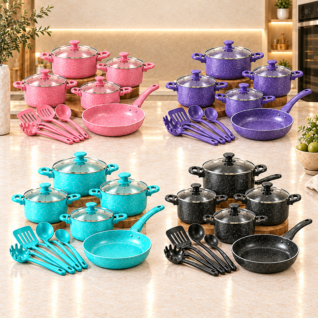 Sets de cocina rosado, morado, verde menta y negro en una cocina